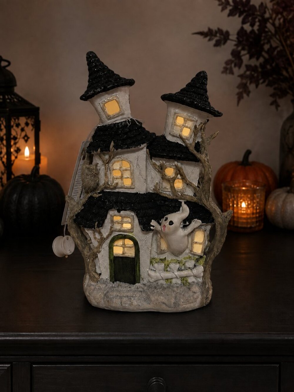 LED Halloween Haunted House Ghost Owl Glitter Figurine 12” NWT